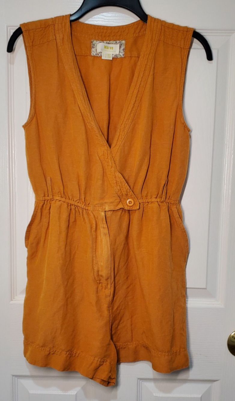 Maeve Anthropologie Orange Linen Blend Romper Womens US 4 Sleeveless Pockets